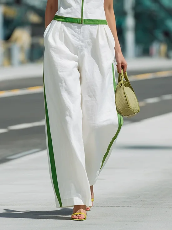 Cotton And Linen Casual Color Block Split Joint Straight Pants