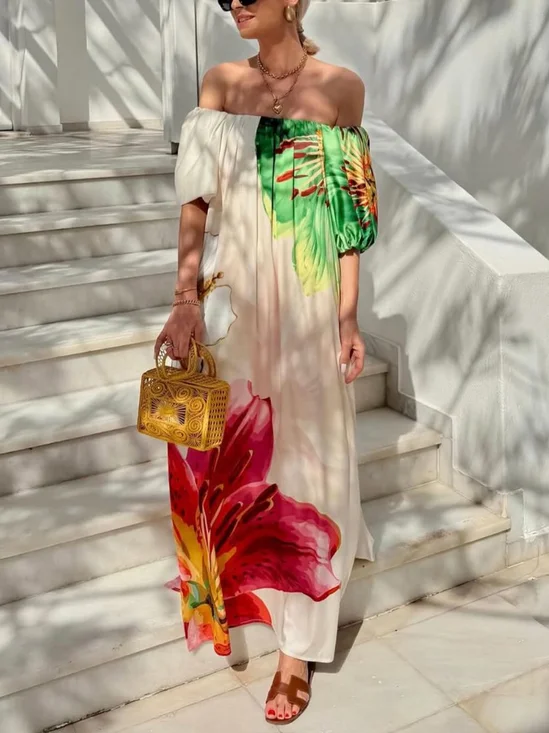 Vacation Floral Printing Cold Shoulder Maxi Dress