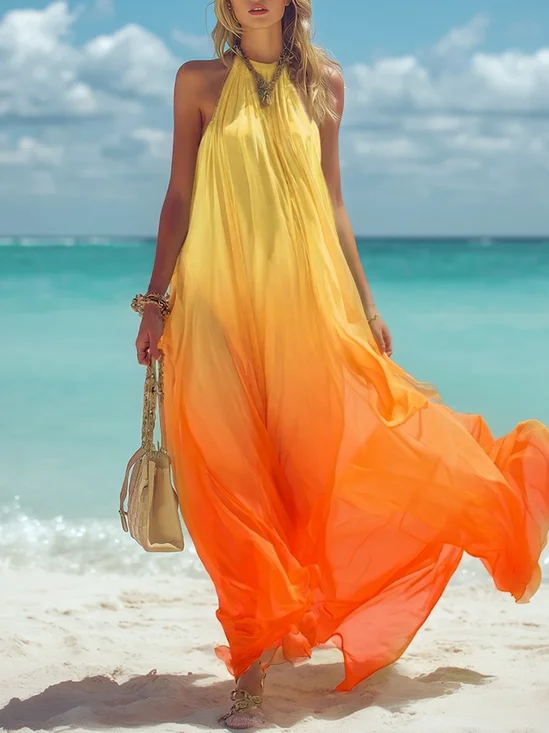 Vacation Ombre Printing Halter Neck Maxi Dress
