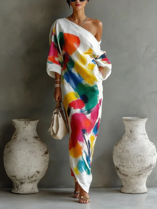 Plus Size Casual Random Print Printing Asymmetrical Maxi Dress With Belt