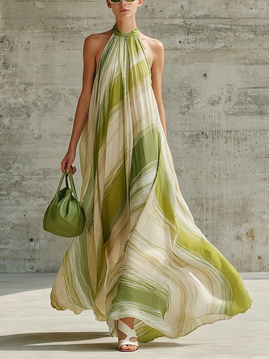 Vacation Striped Printing Halter Neck Maxi Dress