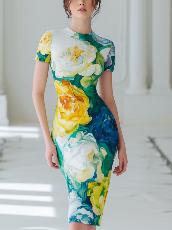 Elegant Floral Printing Crew Neck Knee Length Dress