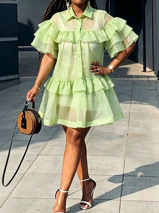 Elegant Plain Peplum Knee Length Dress With an Underlayer