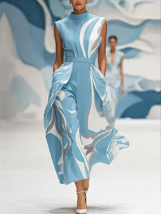 Plus Size Elegant Random Print Stand Collar Midi Dress
