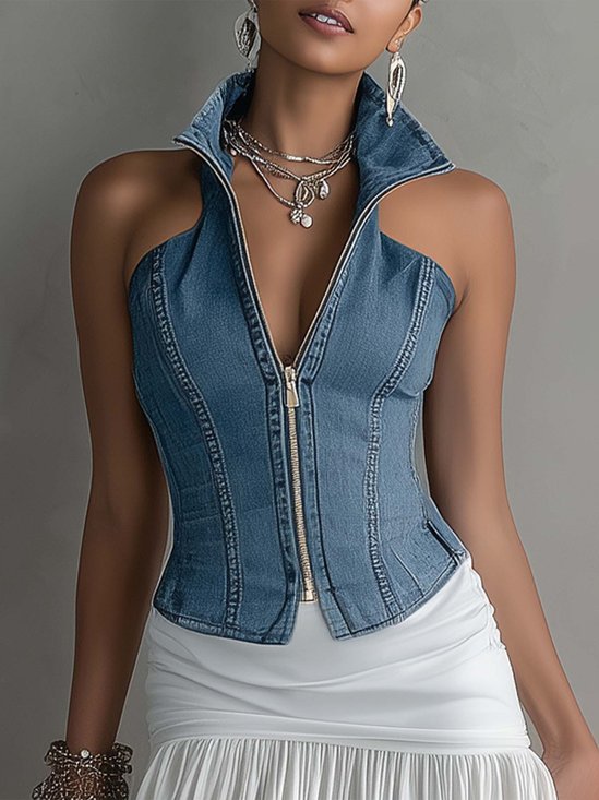 Urban Plain Zipper Shawl Collar Denim Top