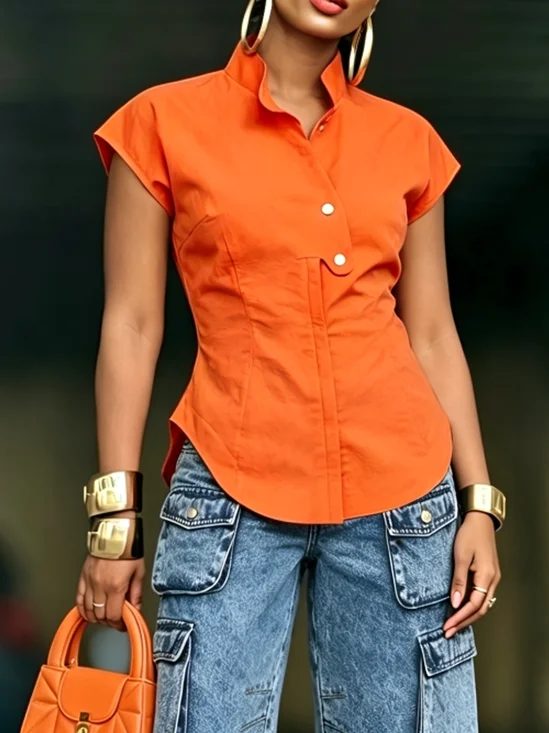 Urban Plain Irregular Craftsmanship Stand Collar Shirt