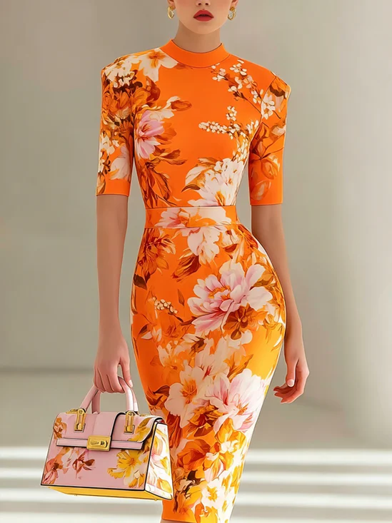 Elegant Floral Printing Mock Neck Midi Dress