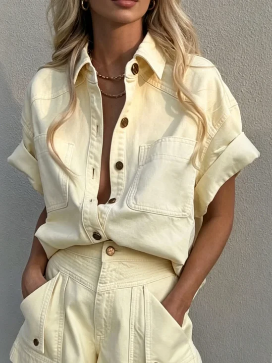 Cotton Casual Plain Buttoned Shirt Collar Denim Shirt