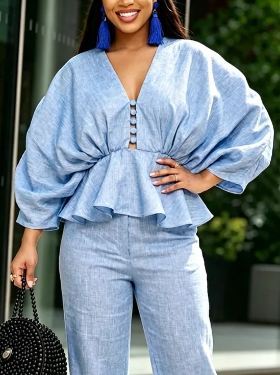 Cotton And Linen Urban Plain Gathered V Neck Blouse