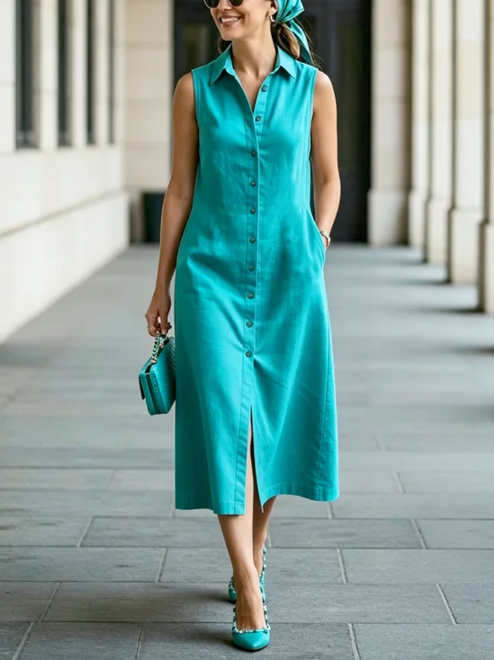 Cotton Casual Plain Buttoned Midi Dress
