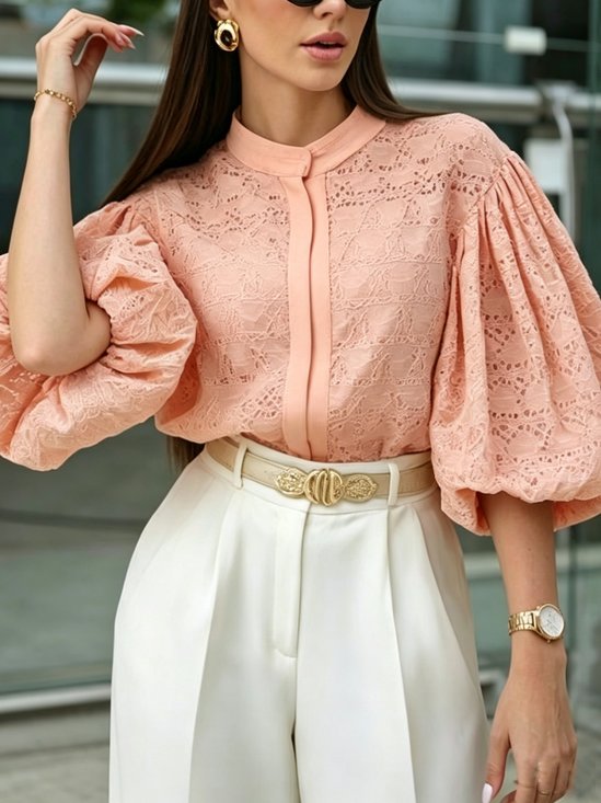 Cotton Urban Plain Hollow Out Puff Sleeve Shirt