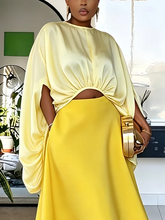 Satin Elegant Plain Irregular Craftsmanship Crew Neck Blouse