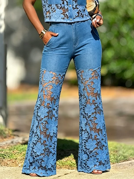 Loose Denim Urban Lace Distressing Plain Jeans