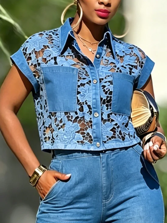 Urban Plain Lace Shirt Collar Denim Shirt