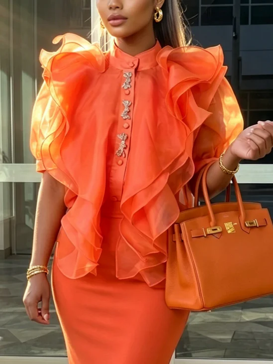 Elegant Plain Peplum Mock Neck Shirt