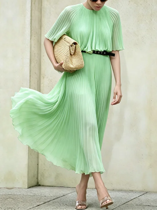 Elegant Plain Pleated Crew Neck Maxi Dress No Belt