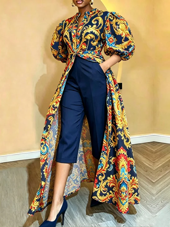 Urban Abstract Printing Stand Collar Puff Sleeve Blouse