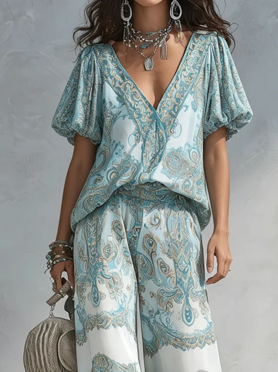 Vacation Ethnic V Neck Blouse
