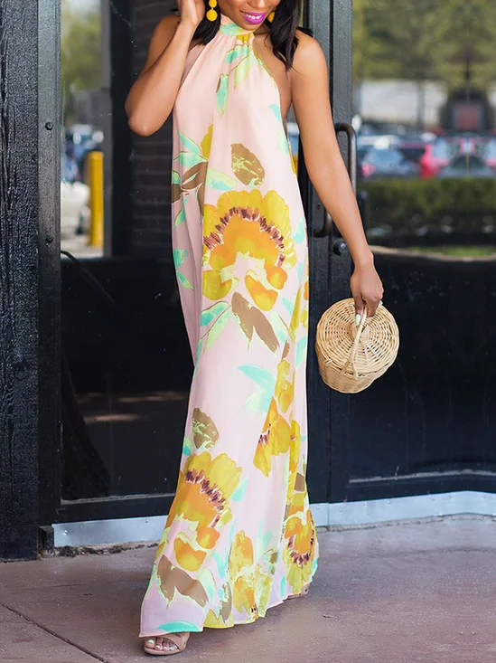 Vacation Floral Stand Collar Maxi Dress