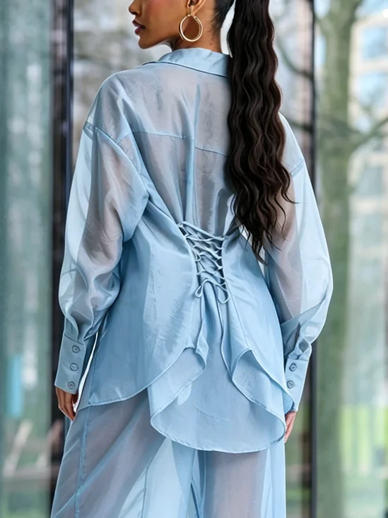 Urban Plain Lace-up Shirt Collar Shirt