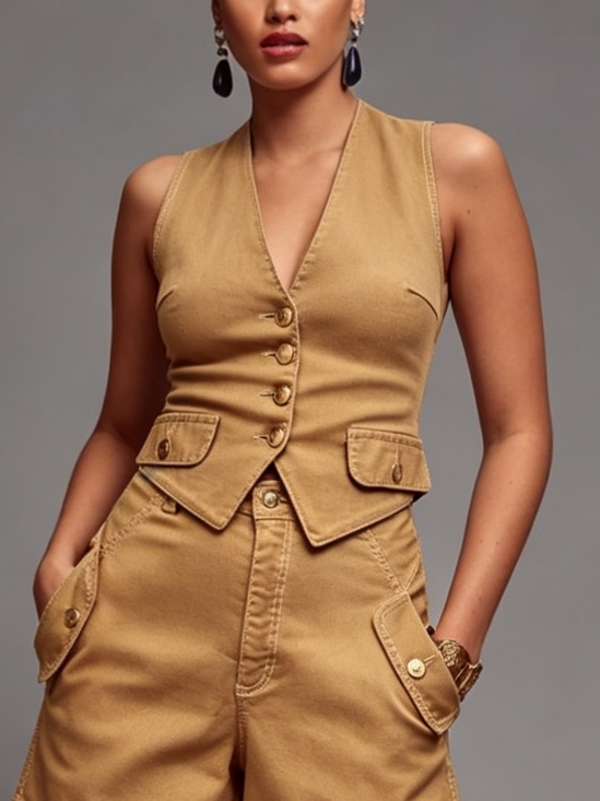 Casual Buttoned Plain V Neck Denim Vest