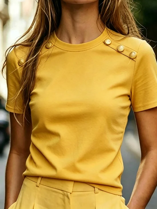 Casual Plain Button Detail Crew Neck T-shirt