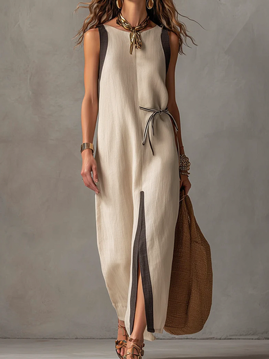 Cotton And Linen Casual Plain Crew Neck Maxi Dress