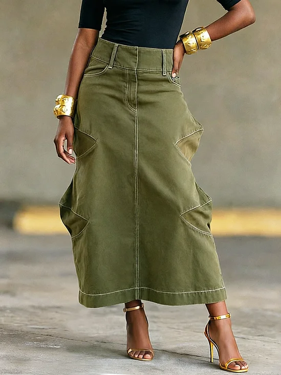Denim Urban Irregular Craftsmanship Plain Maxi Skirt