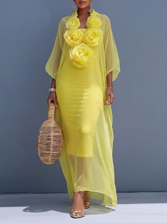 Elegant Plain 3D Floral V Neck Maxi Dress