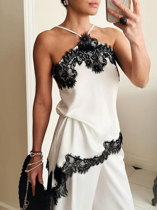 Elegant Color Block Lace Edge Halter Neck Tank Top