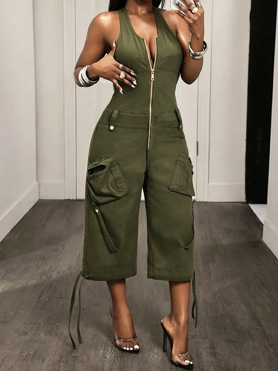 Casual Plain Halter Neck Jumpsuit