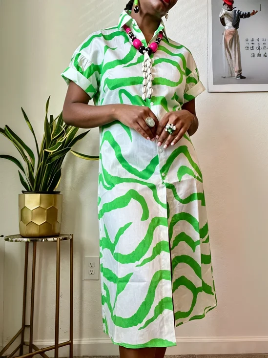 Urban Abstract Printing Shirt Collar Midi Dress