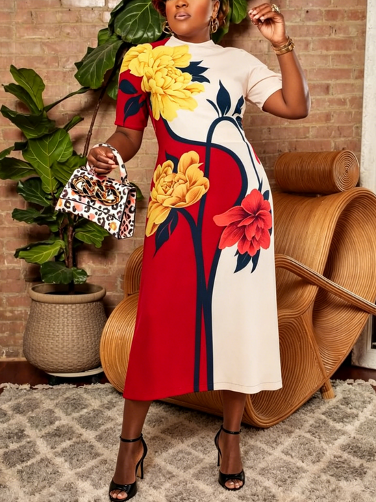 Elegant Floral Printing Mock Neck Maxi Dress