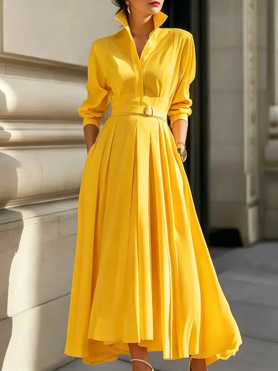 Urban Plain Ruched Shirt Collar Midi Dress With Belt