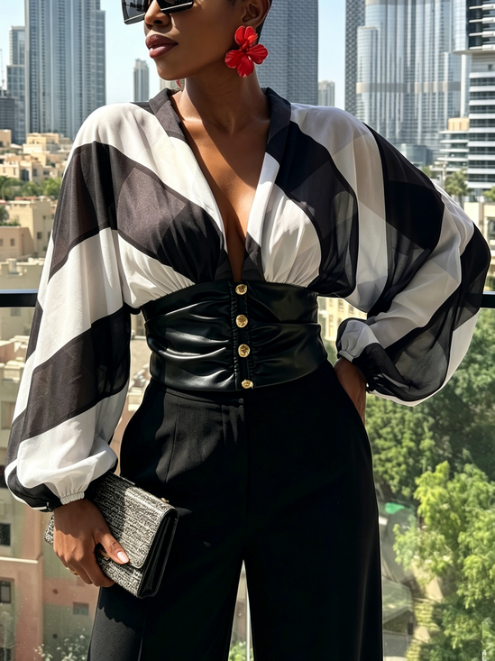 Urban Striped Split Joint V Neck Shirt