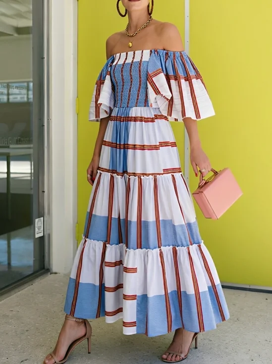 Vacation Striped Cold Shoulder Maxi Dress