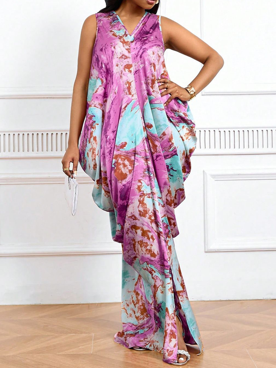 Elegant Random Print V Neck Maxi Dress