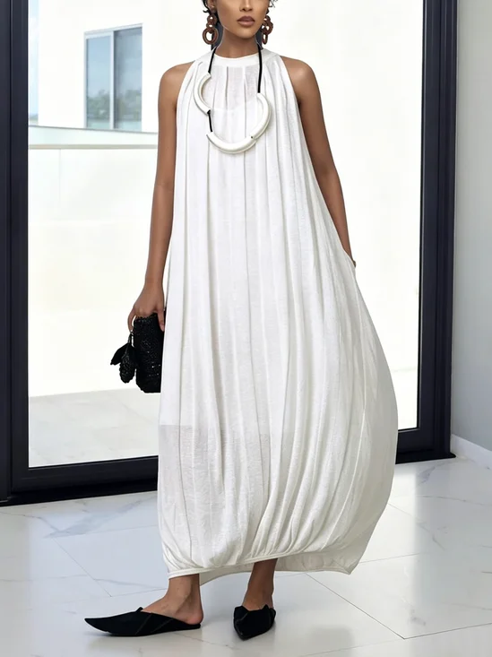 Cotton And Linen Casual Plain Distressing Crew Neck Maxi Dress