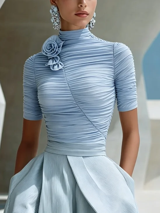 Elegant Plain Ruched Mock Neck Blouse