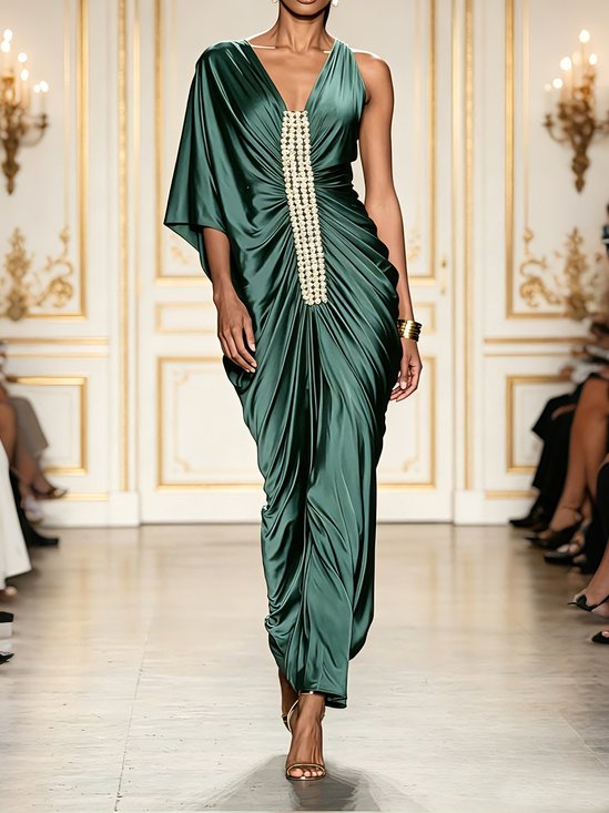 Elegant Plain Asymmetric V Neck Maxi Party Dress