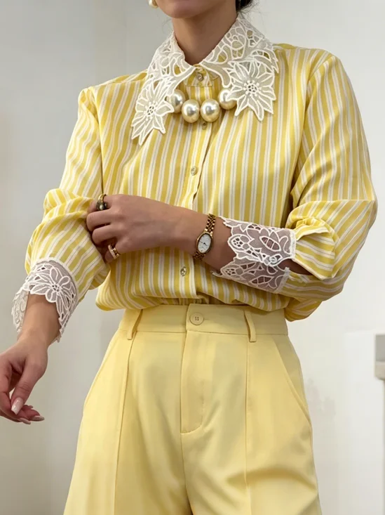 Cotton Urban Striped Split Joint Lace Shirt