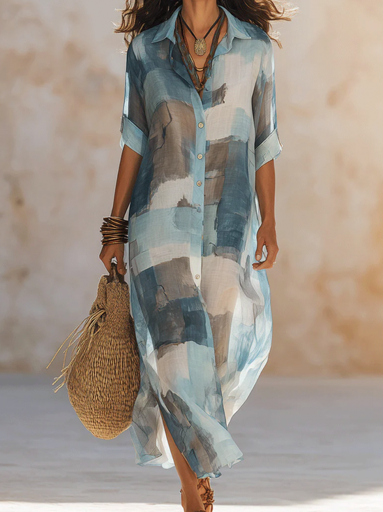 Vacation Colorblock Shirt Collar Maxi Dress