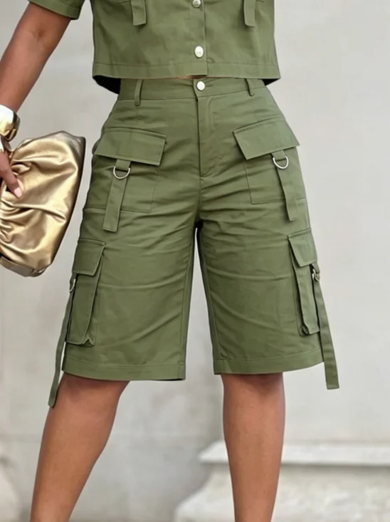 Casual Plain Pockets Cargo Pants Shorts