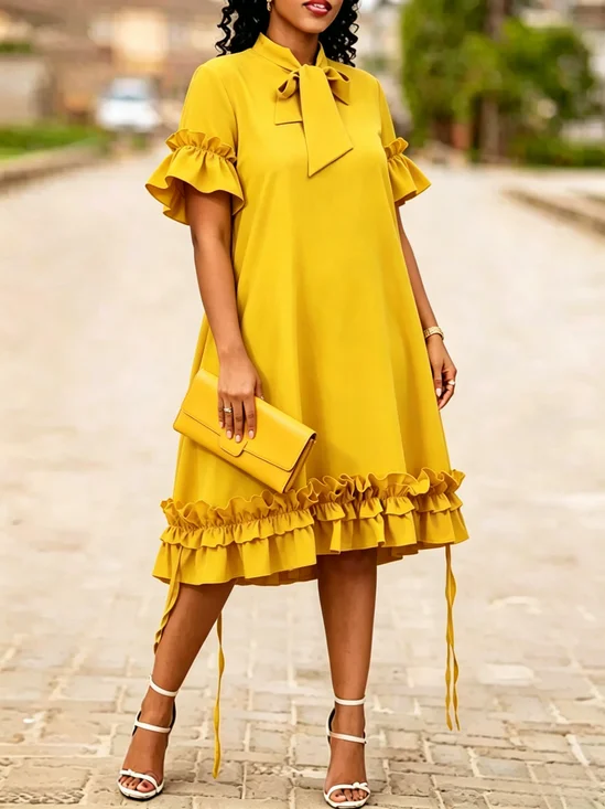 Elegant Plain Peplum Tie Neck Midi Dress