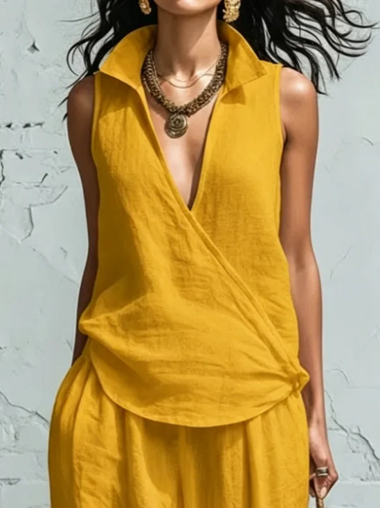 Cotton And Linen Casual Plain Shawl Collar Blouse