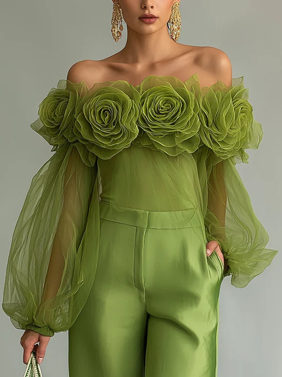 Elegant Plain 3D Floral Off The Shoulder Blouse