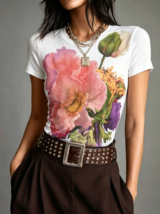 Casual Floral Crew Neck T-shirt