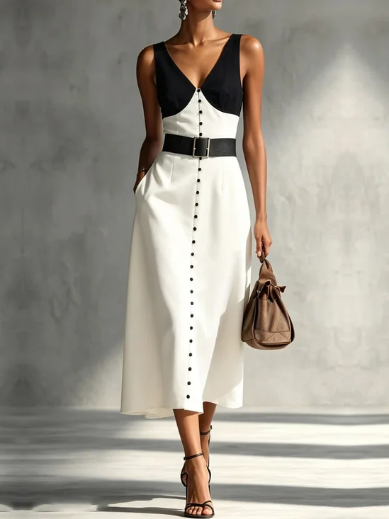 Elegant Color Block V Neck Midi Dress No Belt