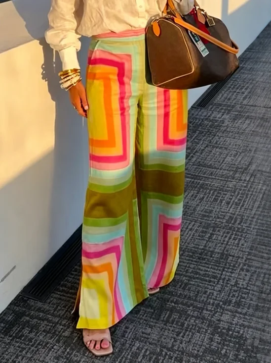 Vacation Geometric Color Block Straight Pants