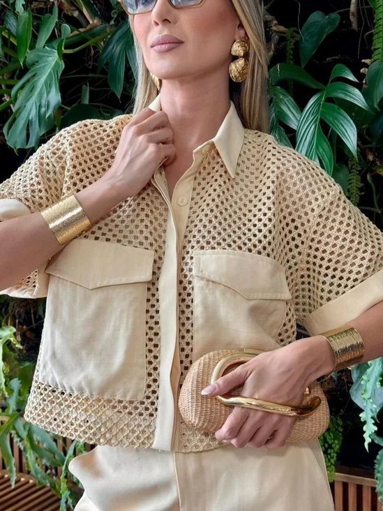 Casual Buttoned Hollow out Split Joint Plain Lapel Collar Jacket